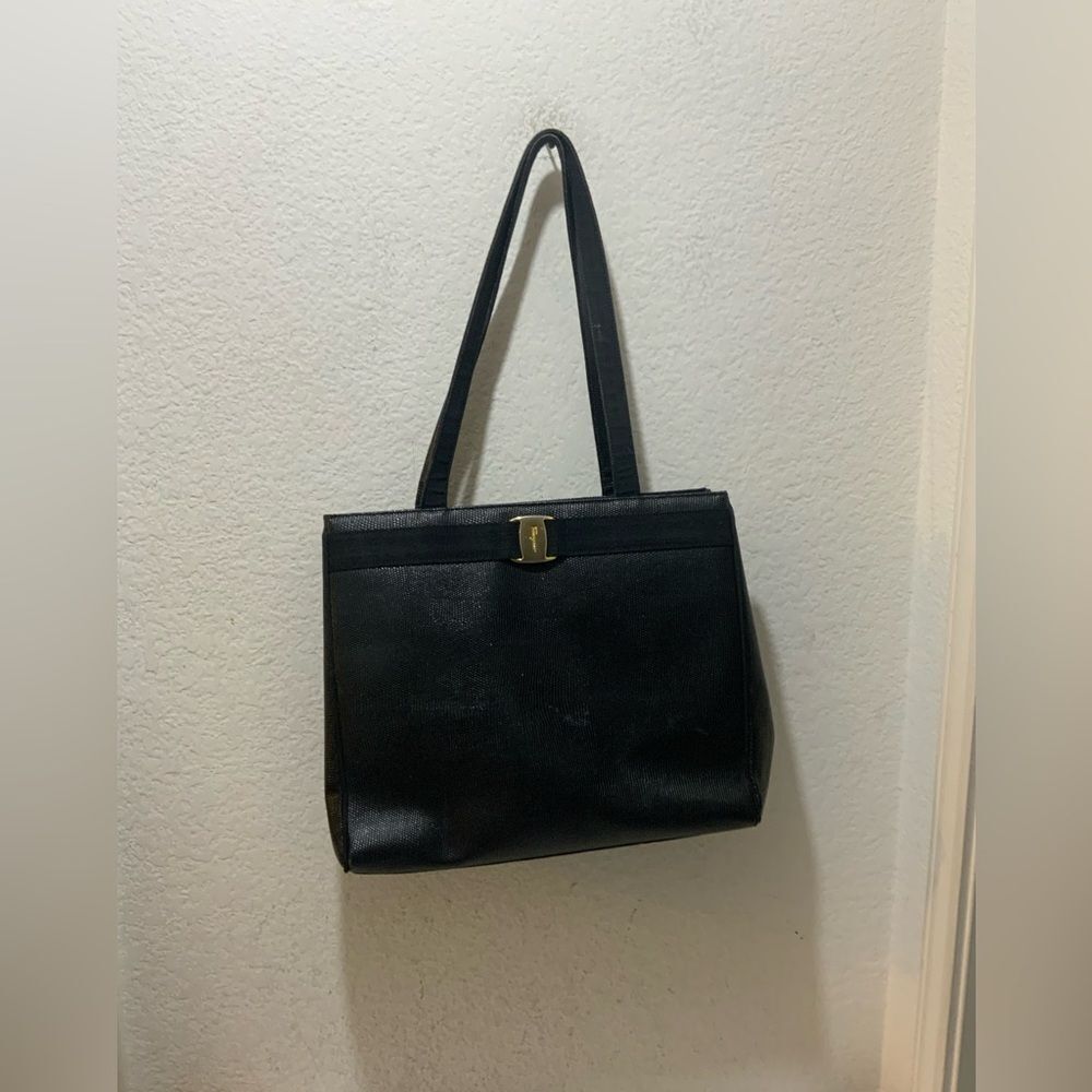 Vintage Salvatore Ferragamo Tote Bag Embossed Leather Black  Authentic